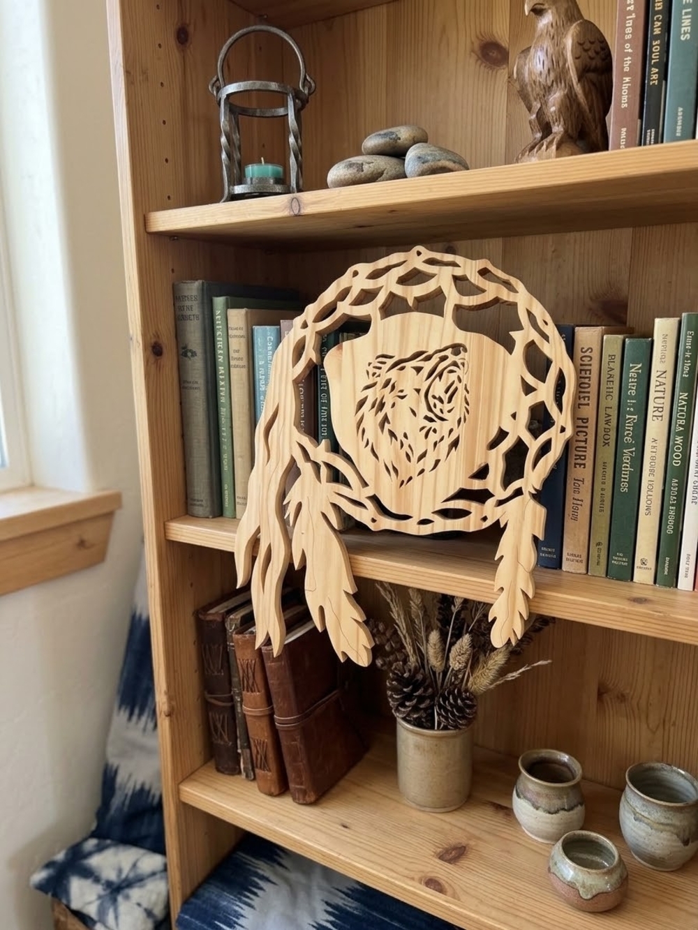 Scroll-saw Cut Wooden Bear Dreamcatcher W/ Feathers Wall Hanging Cutout Decor